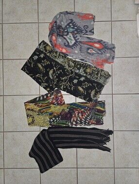 Multiples Four-Piece Scarf Set in Gray, Coral, Black, Yellow, Green, Purple